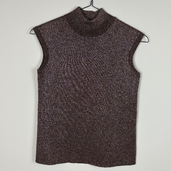 Coldwater Creek Brown/Gold Mock Turtle Neck Sparkly Sleeveless Tank; Size Small - Picture 1 of 9